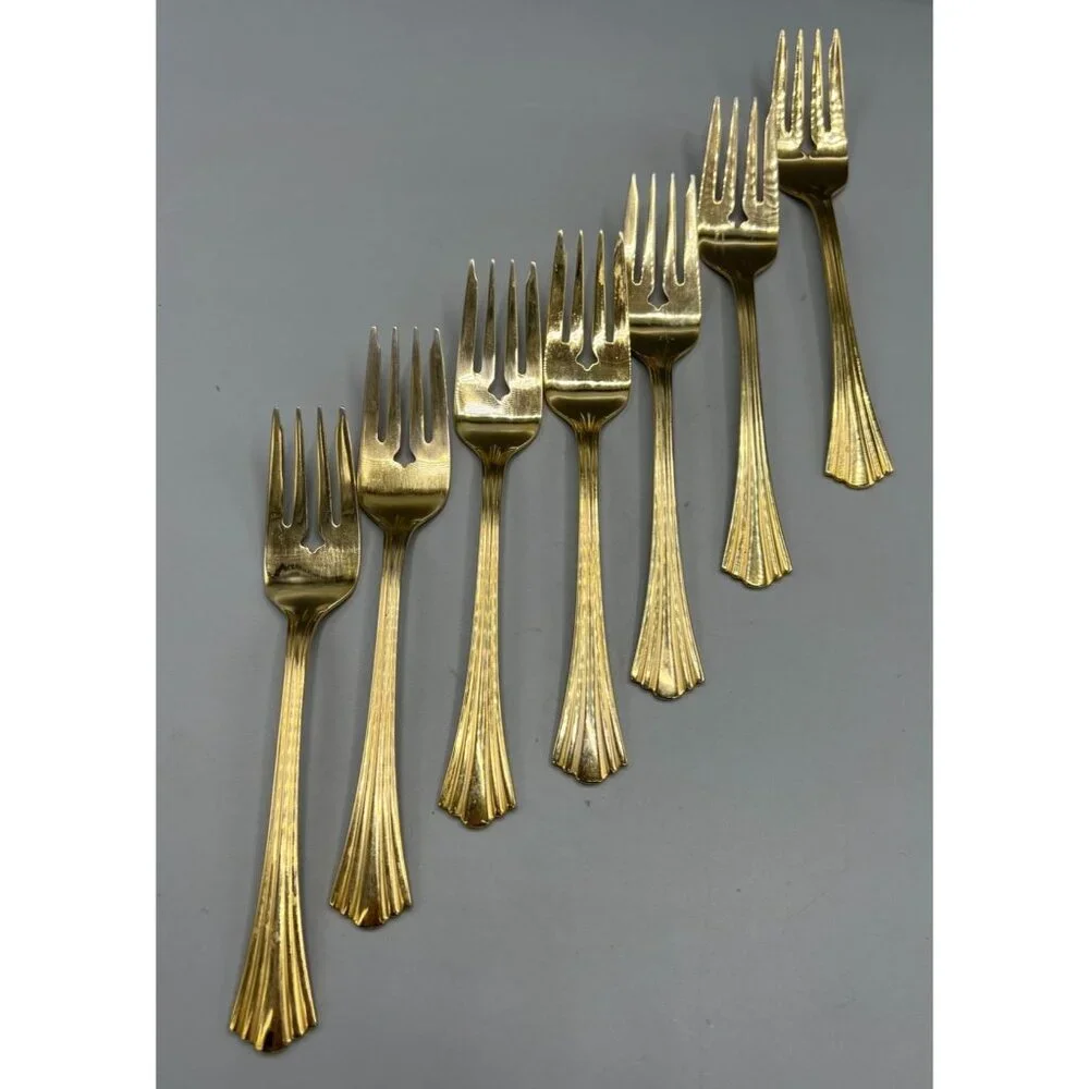 7 Royal Gallery Gold Electroplate Salad Forks Lavish Luncheon Dessert Fork Set
